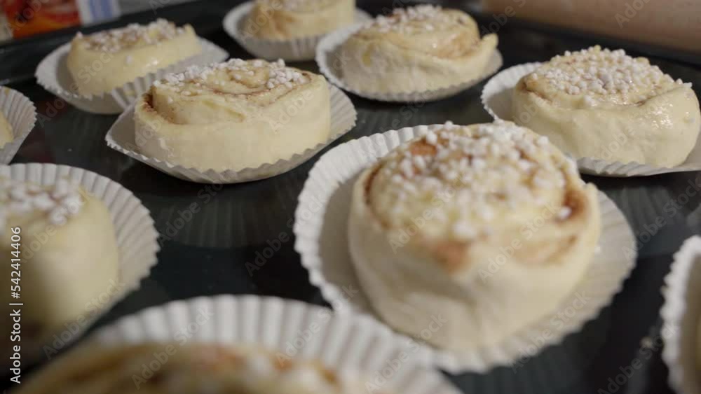 Medium shot of unbaked cinnamon buns on a tray Medium shot of unbaked cinnamon buns on a tray