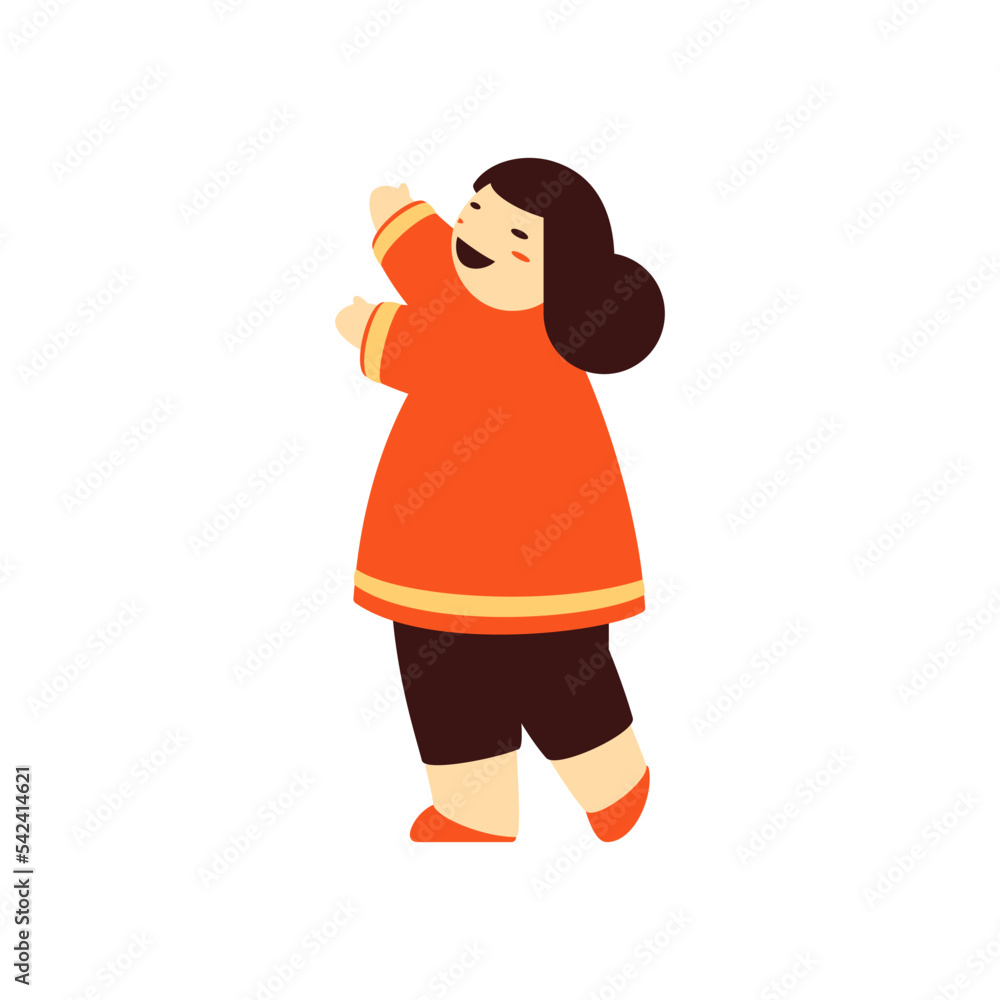 Happy Chinese kid girl in ethnic costume celebrate holiday with positive emotion vector flat Happy Chinese kid girl in ethnic costume celebrate holiday with positive emotion vector flat