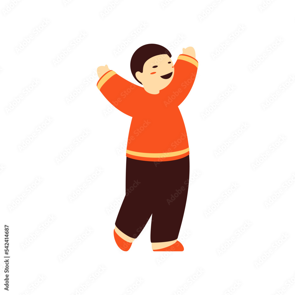 Asian Chinese Japanese overjoyed boy celebrate holiday in ethnic national costume vector flat Asian Chinese Japanese overjoyed boy celebrate holiday in ethnic national costume vector flat