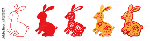 Rabbit paper cuts and sitting hare line, paper cuts for CNY animals set. Bunny with floral ornaments, lotus and foliage asian motif. Chinese New Year symbol. Vector in flat style illustration