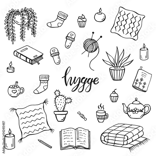Set of hygge elements. Hand drawn vector illustration. Cozy things isolated on a white background.