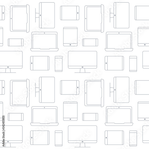 Seamless pattern of devices. Line modern background with cellphones, tablet, laptop and monitor