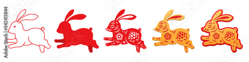 Chinese New Year CNY running rabbit line or paper cuts, silhouettes with floral ornaments and botany decor, horoscope animal set. Lotus and flower blossom and bunny. Vector in flat style illustration