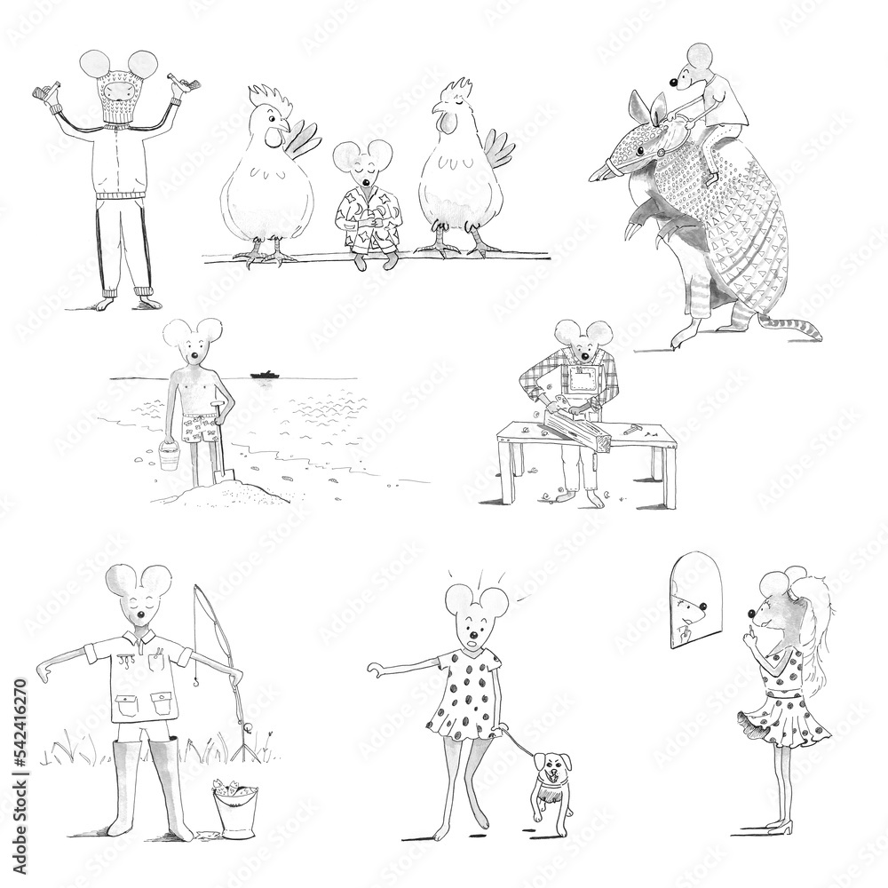 Mice cartoons part 3 0f 4 in ink on white background Mice cartoons part 3 0f 4 in ink on white background