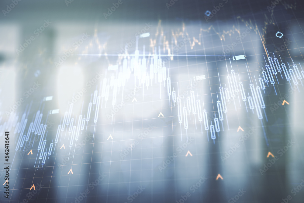 Multi exposure of abstract financial diagram and world map on abstract empty interior background, banking and accounting concept Multi exposure of abstract financial diagram and world map on abstract empty interior background, banking and accounting concept