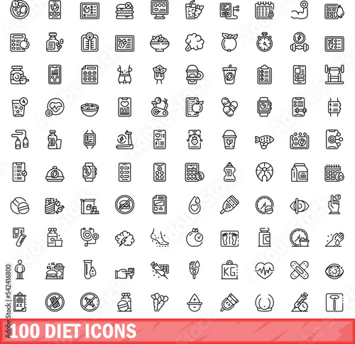 100 diet icons set. Outline illustration of 100 diet icons vector set isolated on white background