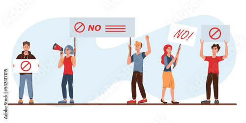 The concept of the protest action. Men and women, characters with posters for the action. A set of vector illustrations in the flat style