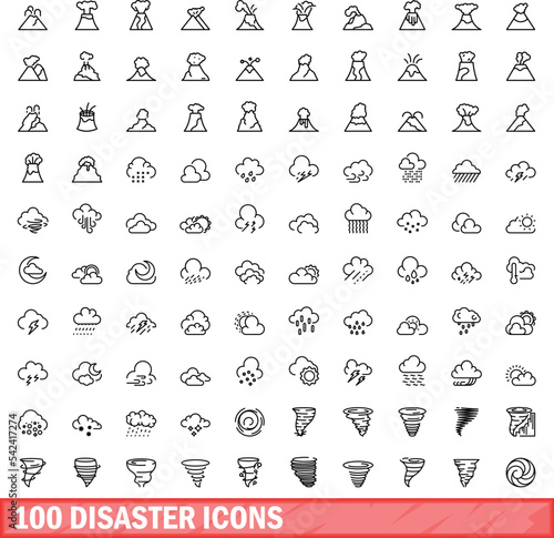 100 disaster icons set. Outline illustration of 100 disaster icons vector set isolated on white background
