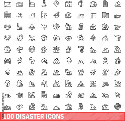 100 disaster icons set. Outline illustration of 100 disaster icons vector set isolated on white background