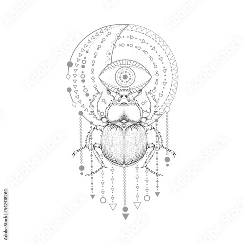 Vector illustration with hand drawn scarab and Sacred symbol on white background. Abstract mystic sign. Black linear shape.