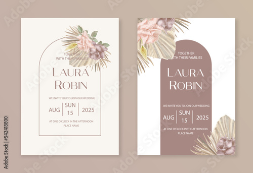 Wedding dried lunaria, rose, pampas grass floral vector card. Watercolor Exotic dried flowers, palm leaves boho invitation template. Save the Date foliage cover, modern poster, trendy design.