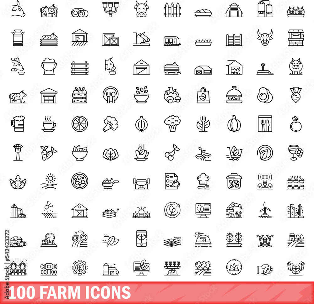 100 farm icons set. Outline illustration of 100 farm icons vector set isolated on white background 100 farm icons set. Outline illustration of 100 farm icons vector set isolated on white background