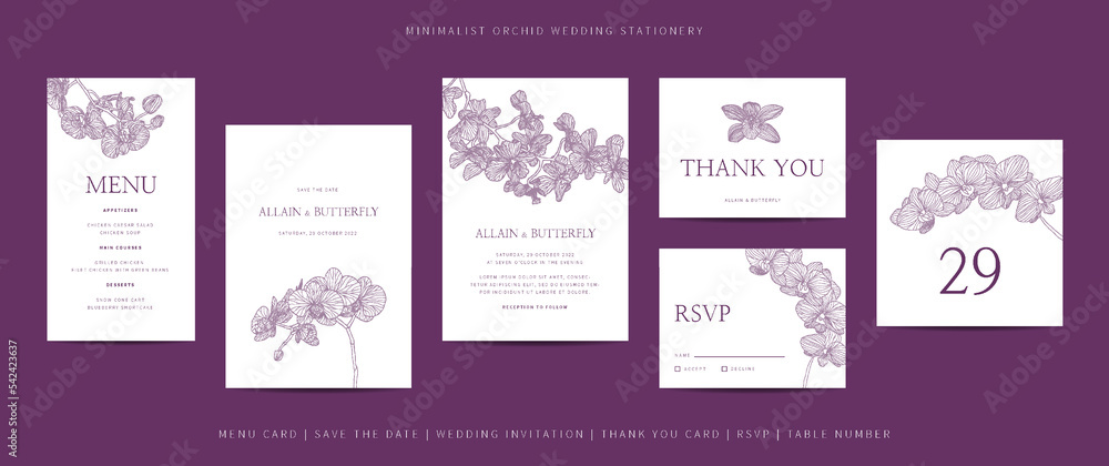 Collection of template wedding stationery with minimalist hand drawn orchid flower