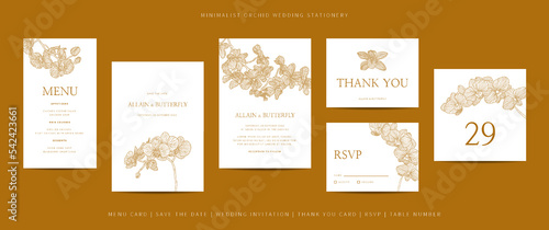 Collection of template wedding stationery with minimalist hand drawn orchid flower