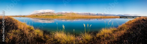 Panoramic view of Glenorchy (New Zealand) on a sunny day