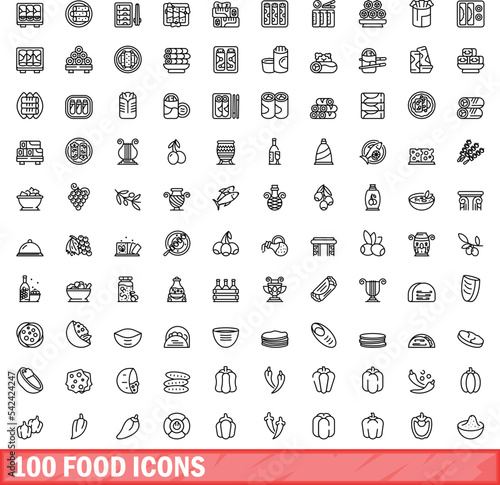 100 food icons set. Outline illustration of 100 food icons vector set isolated on white background