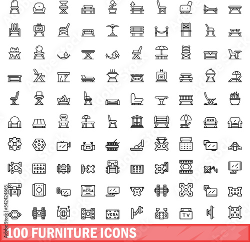 100 furniture icons set. Outline illustration of 100 furniture icons vector set isolated on white background