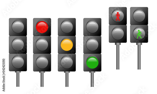 Three traffic lights with red, yellow and green colors. Vector illustration. photo