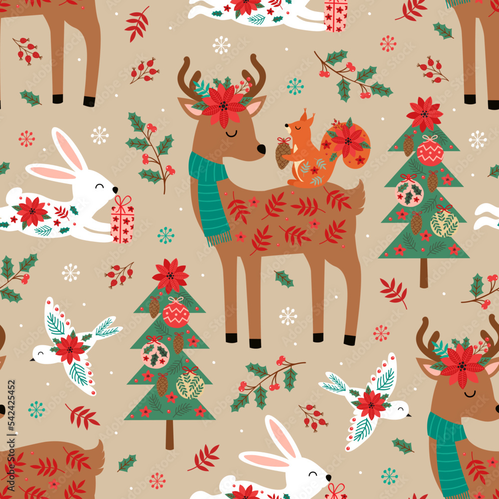 seamless pattern with Christmas deer, hare, squirrel