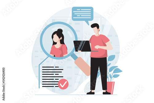 Employee hiring process concept with people scene in flat design. Man working as HR manager, looking resume, chooses best candidate for staff. Vector illustration with character situation for web