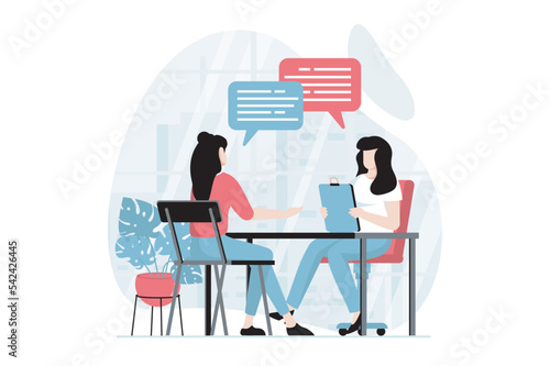 Employee hiring process concept with people scene in flat design. Woman HR manager interviewing applicant for vacancy, looking for best employee. Vector illustration with character situation for web