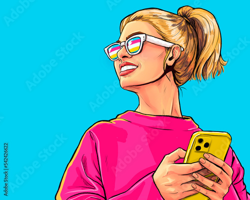 Attractive smiling young woman with mobile phone in hand. Wow girls looking forward in comic style . Pop art woman holding smartphone. Digital advertisement people 