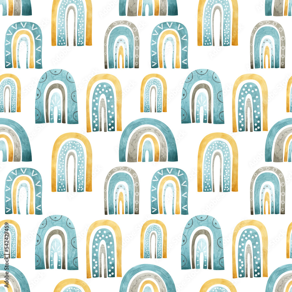 Watercolor seamless pattern with blue, mustard and grey boho rainbows on a black background