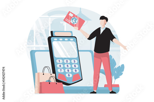 E-payment concept with people scene in flat design. Man pays for purchases with credit card using cash box and makes online financial transfers. Vector illustration with character situation for web