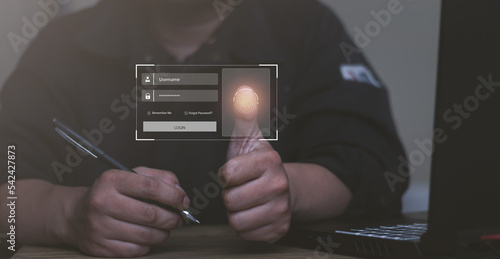 cyber security login data protection concept Fingerprint scanning and biometric authentication and processing for access to personal data