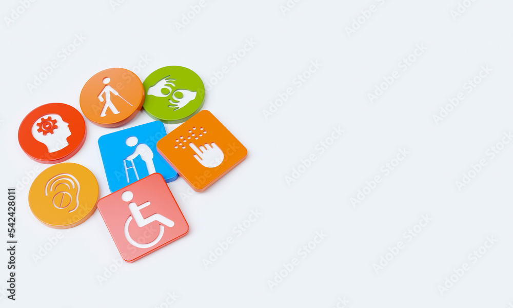 Photos Disability icons engraved on plastic cubes and circles