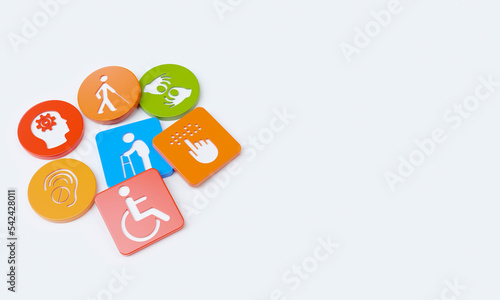 Disability icons engraved on plastic cubes and circles. 3D Rendering. photo