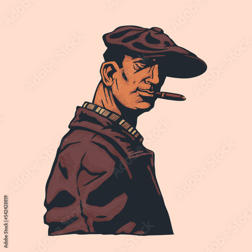 Male gangster with a cigar in a cap, a retro character from the 1930s. Hand drawn cartoon character, Vector illustration