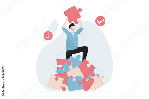 Finding solution concept with people scene in flat design. Man is looking for right solutions and new ideas, collects puzzles and solves jigsaw. Vector illustration with character situation for web