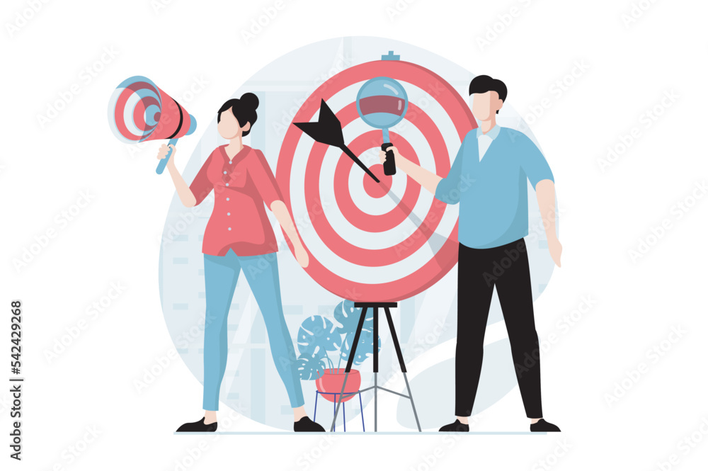 Focus group concept with people scene in flat design. Man and woman are studying behavior of audience, making advertising campaign and targeting. Vector illustration with character situation for web Focus group concept with people scene in flat design. Man and woman are studying behavior of audience, making advertising campaign and targeting. Vector illustration with character situation for web