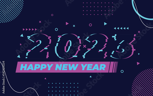 Happy new year 2023, 2023 logo with glitch effect vector template, Applicable for banner design, calendar, invitation, party flyer, etc. 