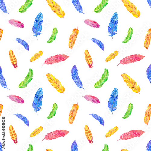 Watercolor colorful feathers seamless pattern isolated on white background. Boho illustration.
