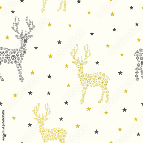 Christmas seamless pattern with snowflakes in the shape of reindeer and stars. Fine animal print, packaging template, fabric, wrapping paper and wallpaper.