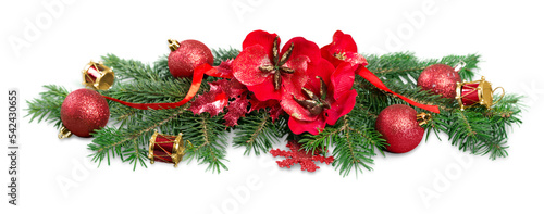 Christmas toys on fir tree branch , isolated on white