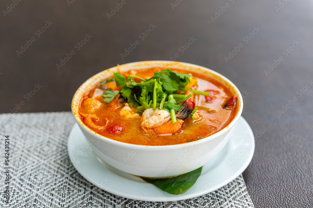 Spicy shrimp soup, Tom Yum Kung, famous spicy Thai food.