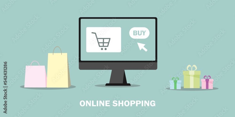 Online shopping on computer concept, e-shopping and e-commerce, online digital store with shopping cart and goods. Flat design illustration Online shopping on computer concept, e-shopping and e-commerce, online digital store with shopping cart and goods. Flat design illustration