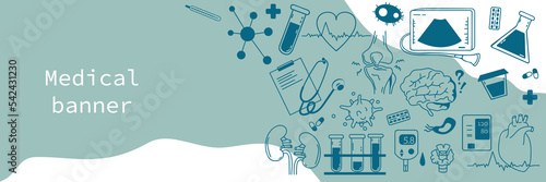 Medical Banner with objects of laboratory tests and medical equipment. Joints, brain, heart, kidneys, test tubes, bacteria. Vector border