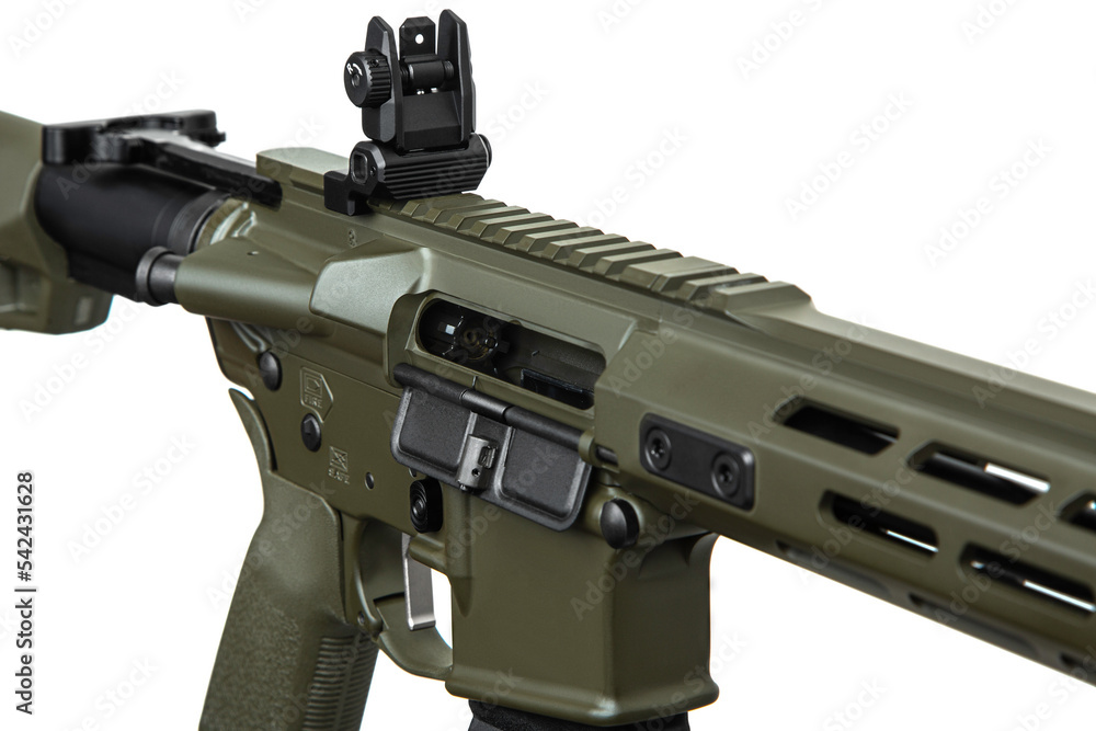 Modern automatic rifle isolated on white. Weapons for police, special forces and the army. Automatic carbine with mechanical sights. Modern automatic rifle isolated on white. Weapons for police, special forces and the army. Automatic carbine with mechanical sights.