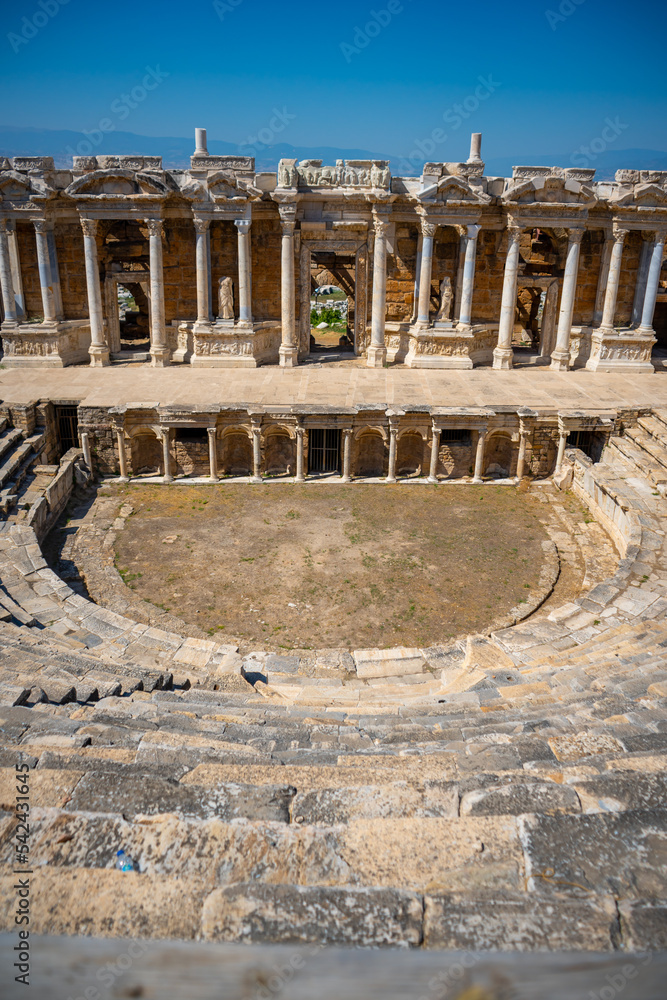 View of the Pamukkale Amphitheater, the ruined city of Hierapolis, Turkey.