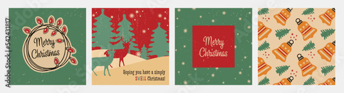 Merry Christmas and Happy New Year. Elegant Xmas design in green, red, and gold with fir tree elements, Christmas bells, reindeer, snow, and glowing lights on Grunge Texture Background.