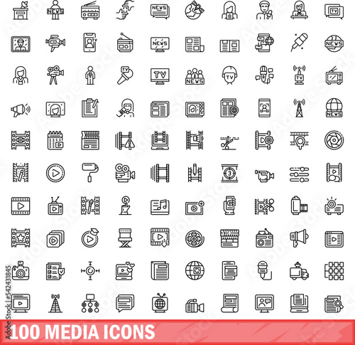 100 media icons set. Outline illustration of 100 media icons vector set isolated on white background