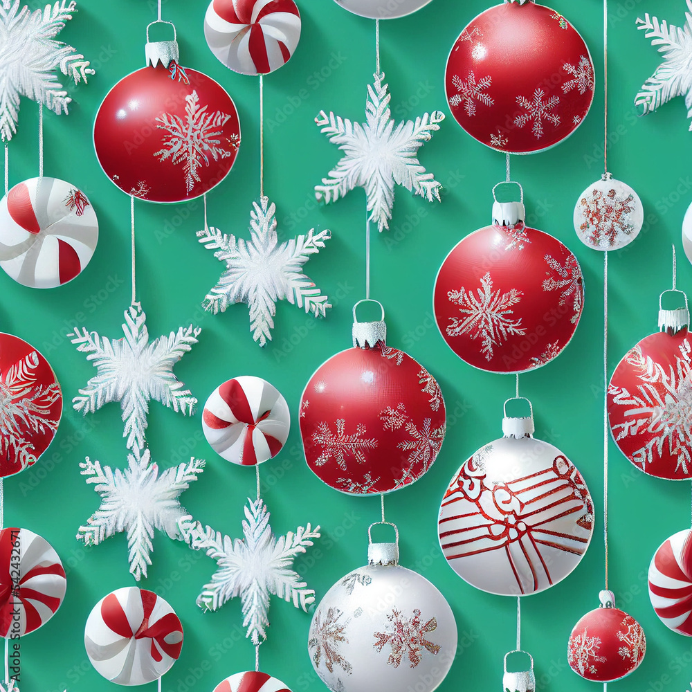 3D rendering of Christmas ornaments in red and green 3D rendering of Christmas ornaments in red and green
