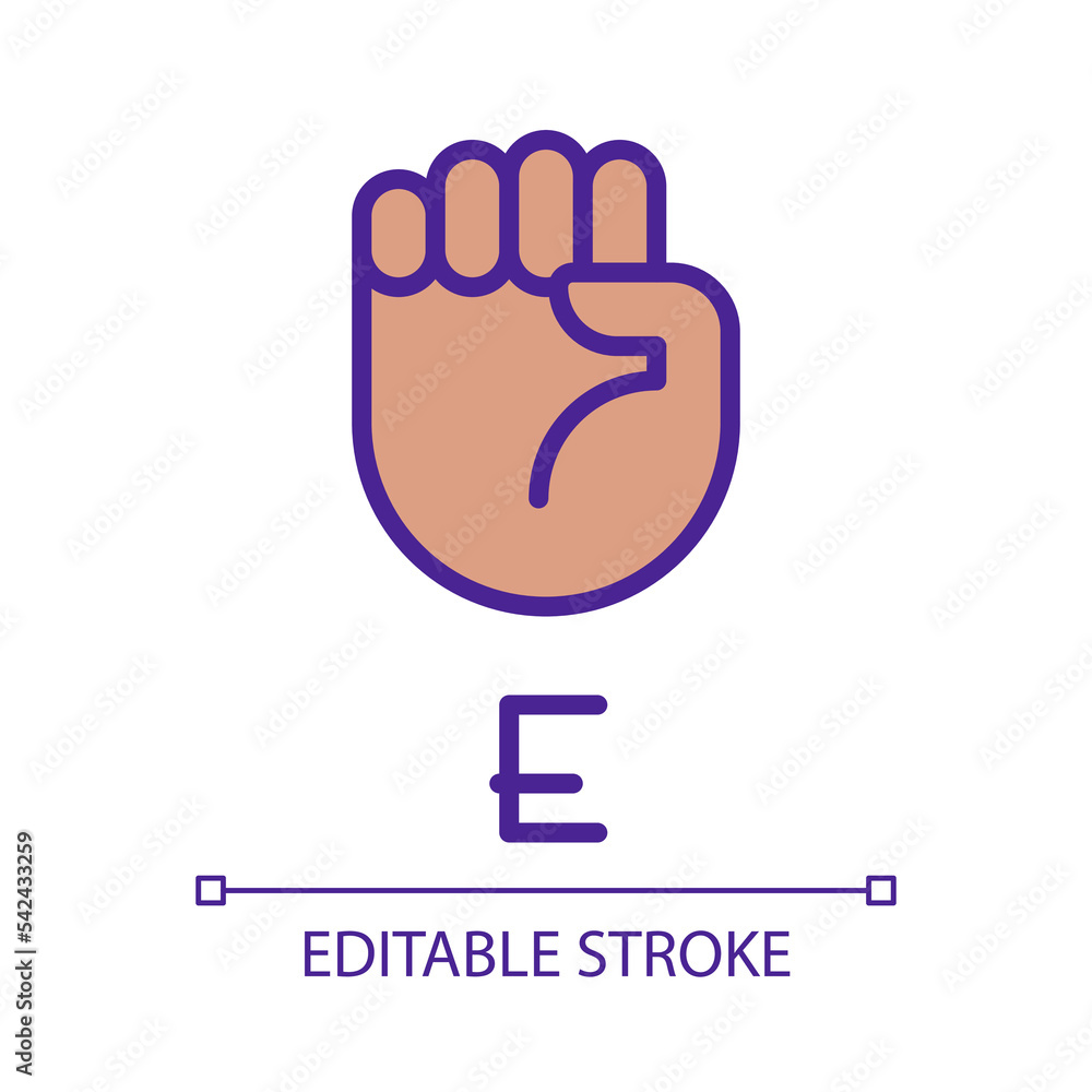 Letter E visualization in ASL pixel perfect RGB color icon. People with deafness support. Isolated vector illustration. Simple filled line drawing. Editable stroke. Arial font used Letter E visualization in ASL pixel perfect RGB color icon. People with deafness support. Isolated vector illustration. Simple filled line drawing. Editable stroke. Arial font used