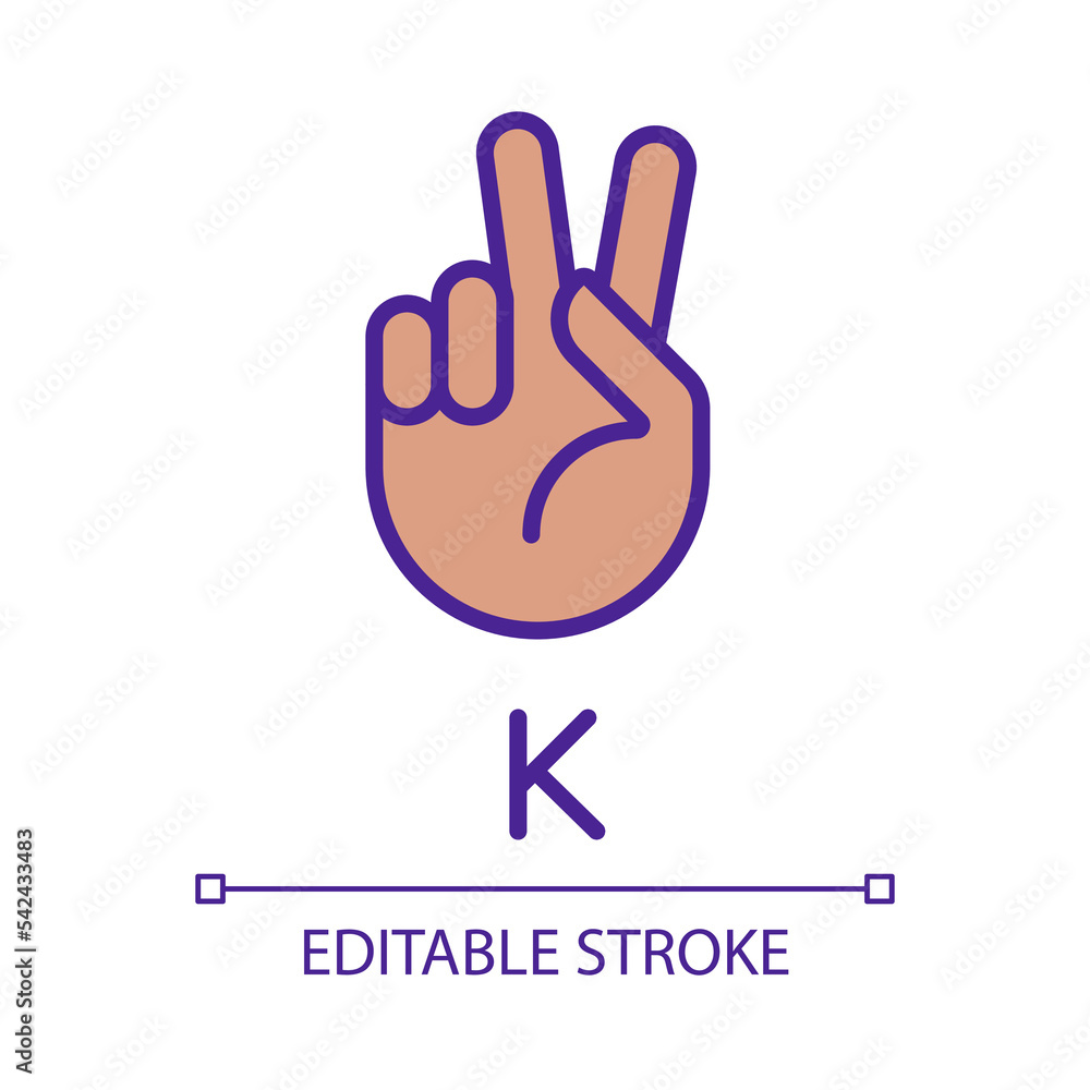 Letter K sign in ASL pixel perfect RGB color icon. Nonverbal communication. Patients with deafness care. Isolated vector illustration. Simple filled line drawing. Editable stroke. Arial font used Letter K sign in ASL pixel perfect RGB color icon. Nonverbal communication. Patients with deafness care. Isolated vector illustration. Simple filled line drawing. Editable stroke. Arial font used