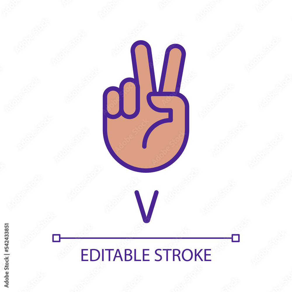 Fototapeta premium Letter V in ASL system pixel perfect RGB color icon. Sound visualization by gestures. Communication. Isolated vector illustration. Simple filled line drawing. Editable stroke. Arial font used
