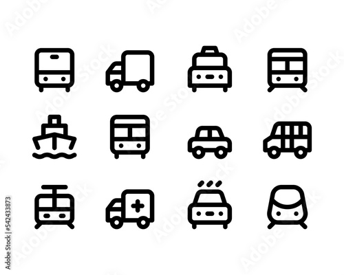 Transport icons set. Car, Bus, Train and Ship symbols isolated in white background. Vector EPS 10